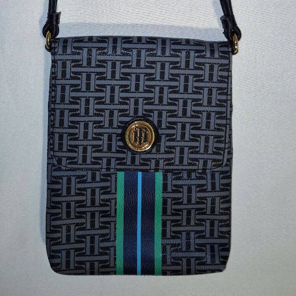 Tommy Hilfiger crossbody small bag, Grey/Blue/Turquoise w/gold magnetic snap